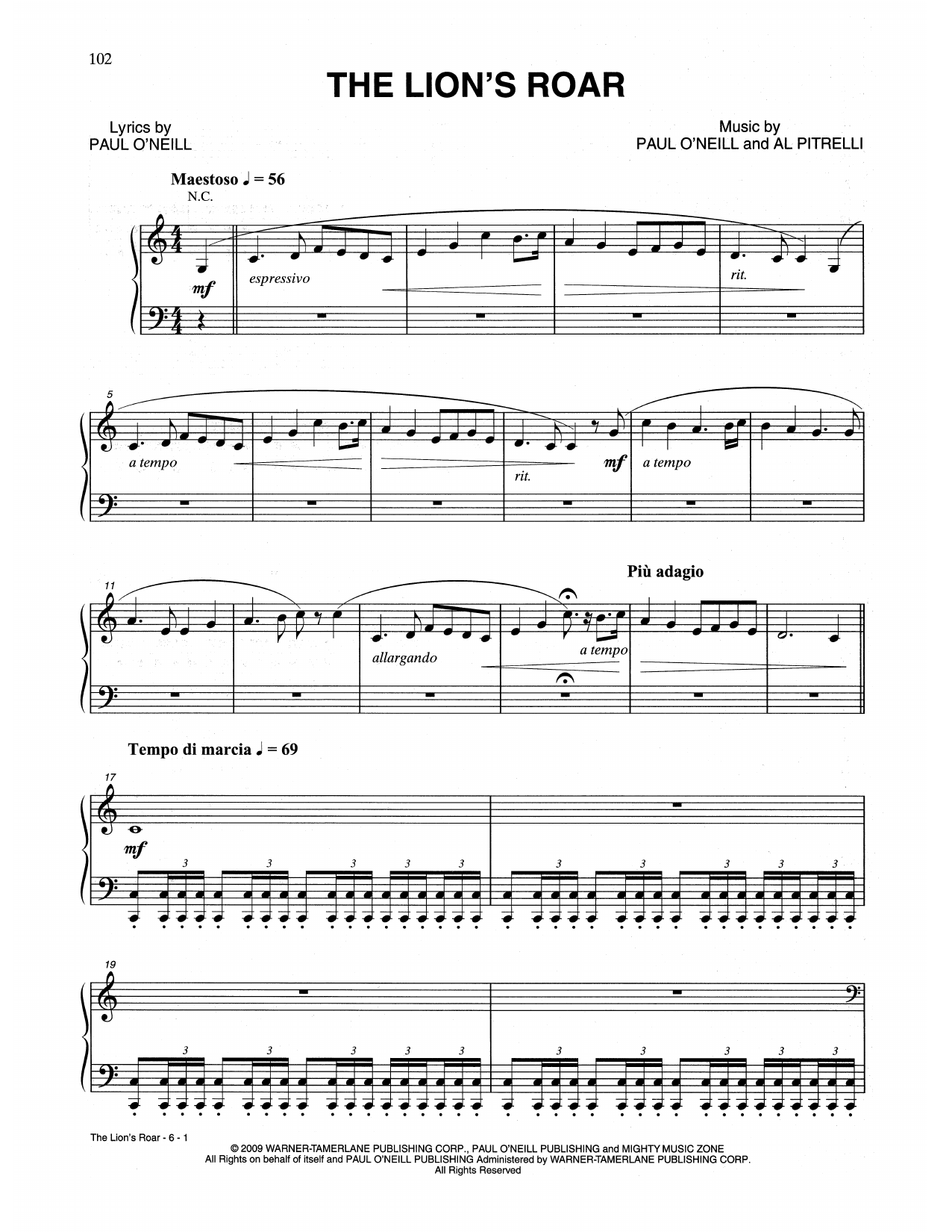 Trans-Siberian Orchestra The Lion's Roar Sheet Music Notes & Chords for Piano Solo - Download or Print PDF