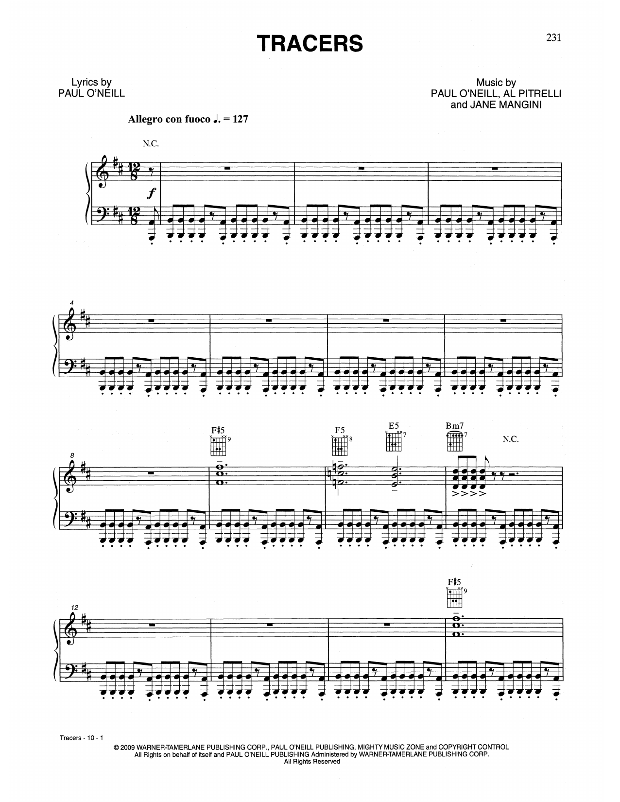 Trans-Siberian Orchestra Tracers Sheet Music Notes & Chords for Piano, Vocal & Guitar (Right-Hand Melody) - Download or Print PDF
