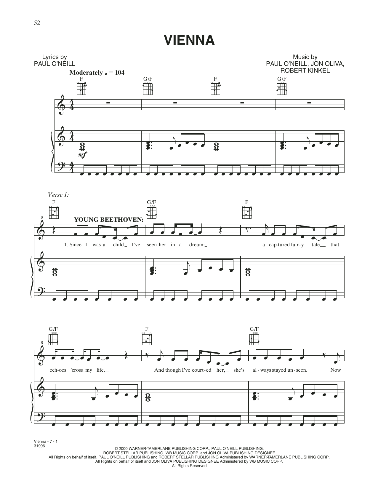 Trans-Siberian Orchestra Vienna Sheet Music Notes & Chords for Piano, Vocal & Guitar (Right-Hand Melody) - Download or Print PDF