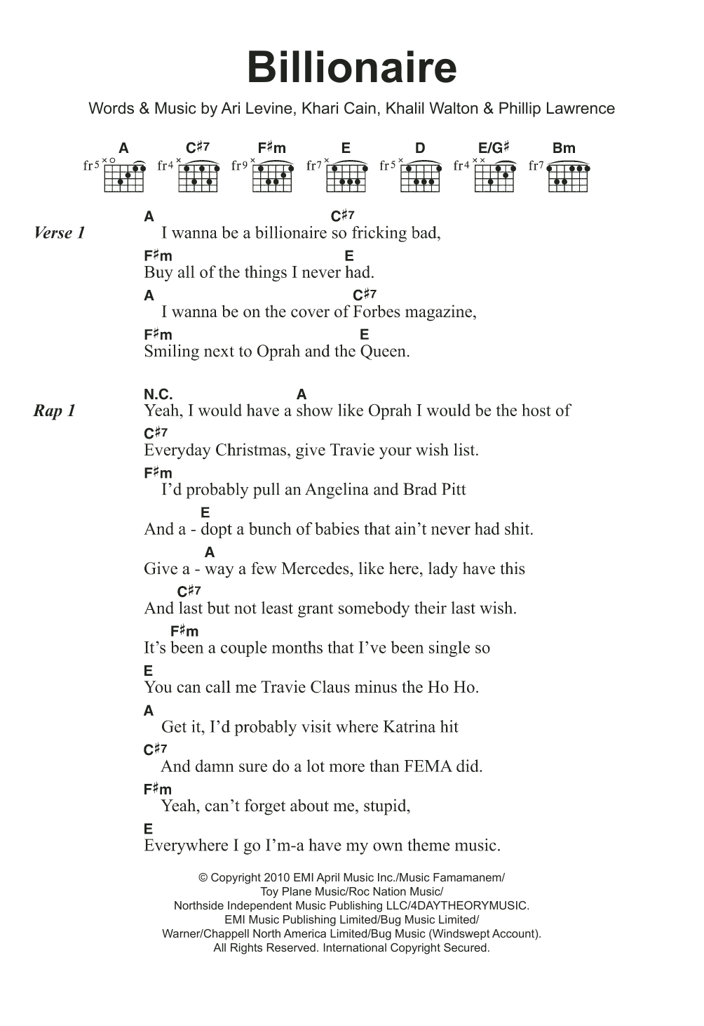 Travie McCoy Billionaire (featuring Bruno Mars) Sheet Music Notes & Chords for Guitar Chords/Lyrics - Download or Print PDF