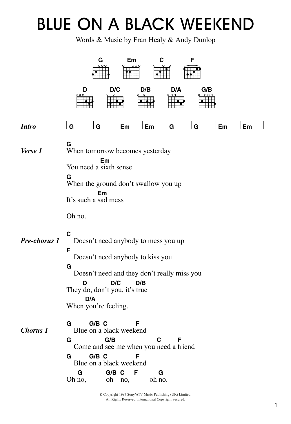 Travis Blue On A Black Weekend Sheet Music Notes & Chords for Lyrics & Chords - Download or Print PDF