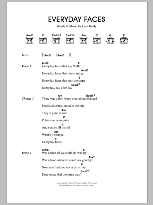 Travis Everyday Faces Sheet Music Notes & Chords for Lyrics & Chords - Download or Print PDF