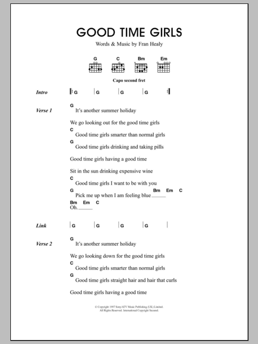 Travis Good Time Girls Sheet Music Notes & Chords for Lyrics & Chords - Download or Print PDF