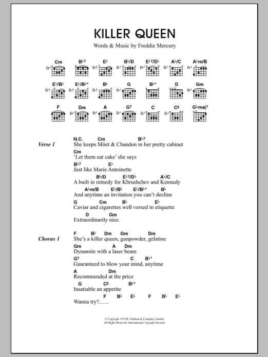 Travis Killer Queen Sheet Music Notes & Chords for Lyrics & Chords - Download or Print PDF