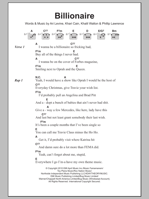 Travie McCoy Billionaire (feat. Bruno Mars) Sheet Music Notes & Chords for Lyrics & Chords - Download or Print PDF