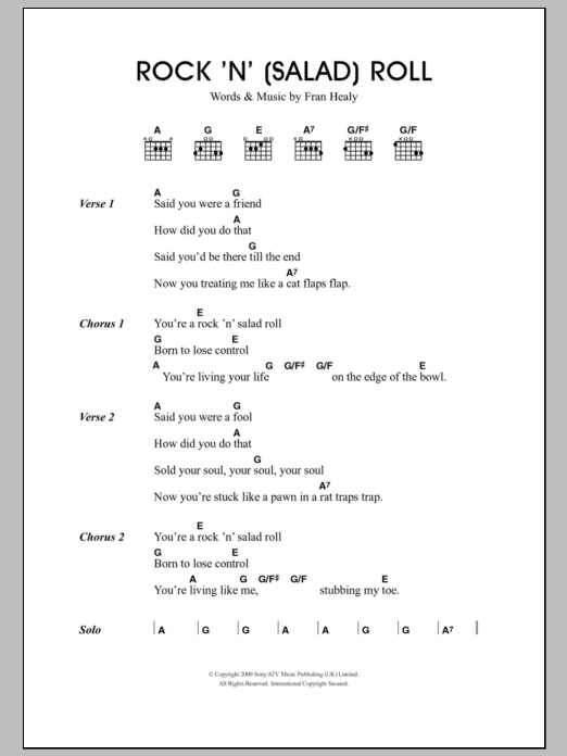 Travis Rock 'n' (Salad) Roll Sheet Music Notes & Chords for Lyrics & Chords - Download or Print PDF