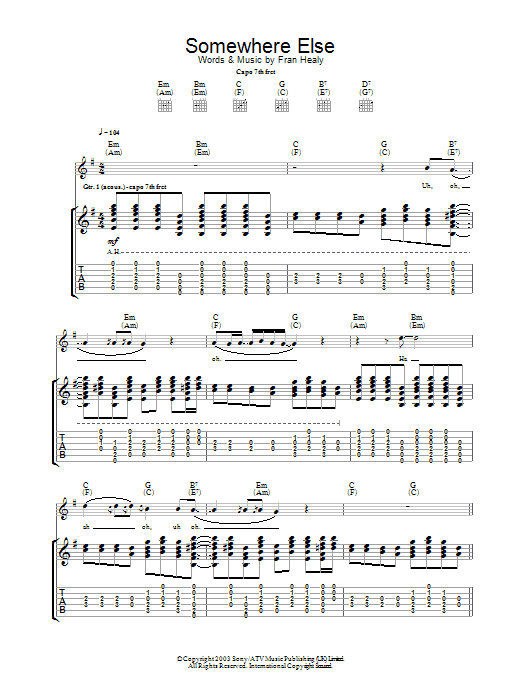 Travis Somewhere Else Sheet Music Notes & Chords for Guitar Tab - Download or Print PDF
