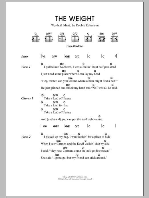 Travis The Weight Sheet Music Notes & Chords for Lyrics & Chords - Download or Print PDF