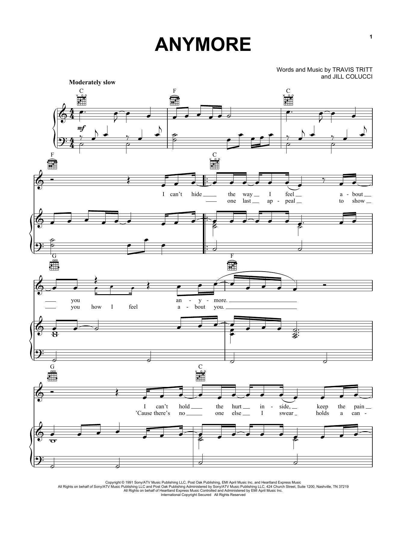 Travis Tritt Anymore Sheet Music Notes & Chords for Piano, Vocal & Guitar (Right-Hand Melody) - Download or Print PDF