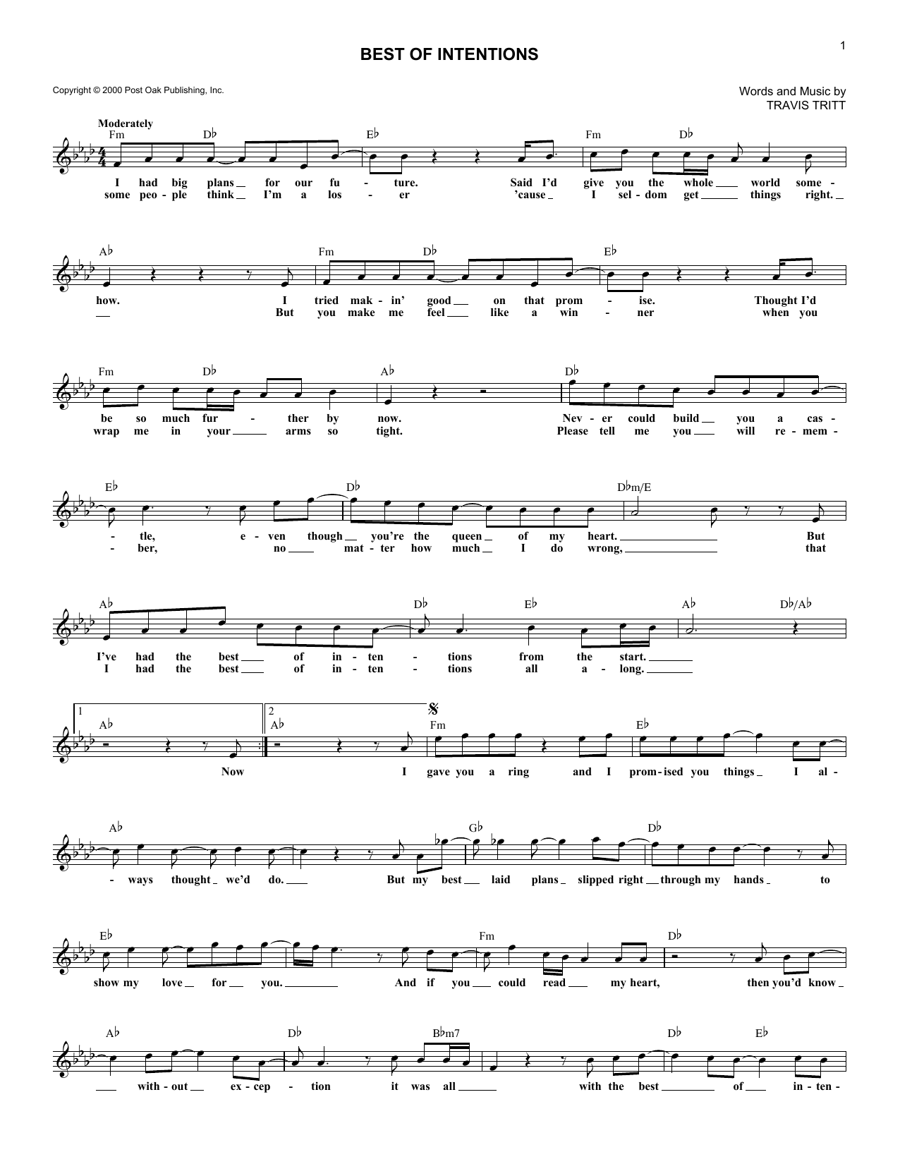 Travis Tritt Best Of Intentions Sheet Music Notes & Chords for Piano, Vocal & Guitar Chords (Right-Hand Melody) - Download or Print PDF