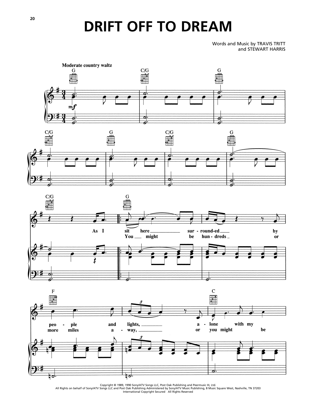Travis Tritt Drift Off To Dream Sheet Music Notes & Chords for Piano, Vocal & Guitar Chords (Right-Hand Melody) - Download or Print PDF