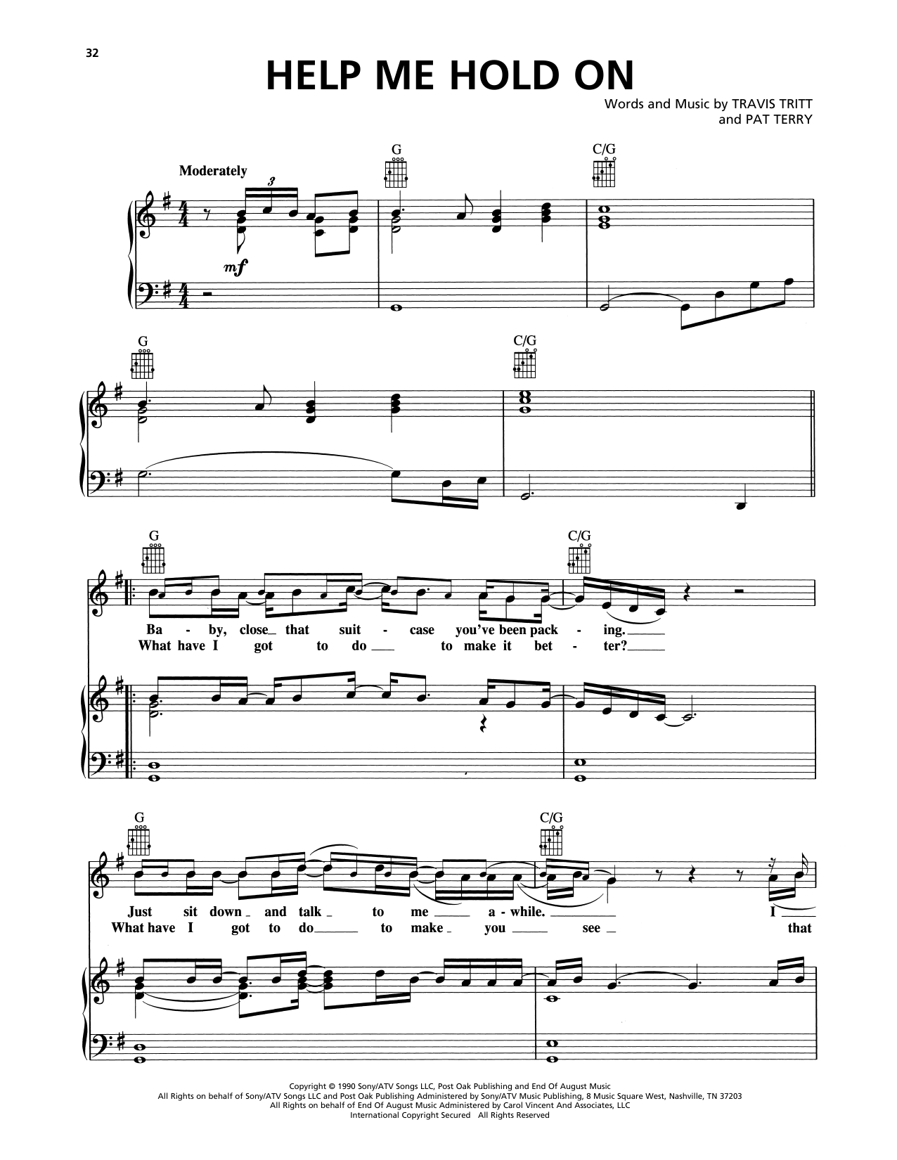 Travis Tritt Help Me Hold On Sheet Music Notes & Chords for Piano, Vocal & Guitar Chords (Right-Hand Melody) - Download or Print PDF