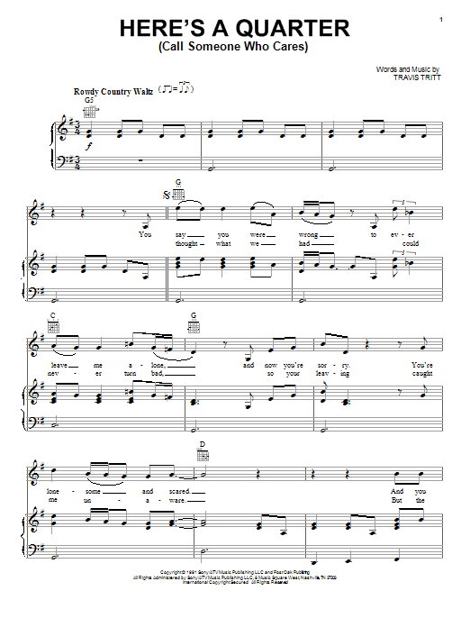 Travis Tritt Here's A Quarter (Call Someone Who Cares) Sheet Music Notes & Chords for Real Book – Melody, Lyrics & Chords - Download or Print PDF