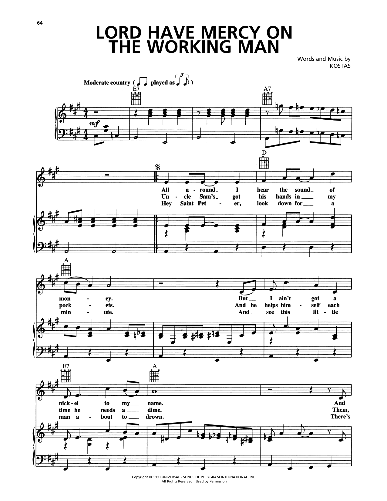 Travis Tritt Lord Have Mercy On The Working Man Sheet Music Notes & Chords for Piano, Vocal & Guitar Chords (Right-Hand Melody) - Download or Print PDF