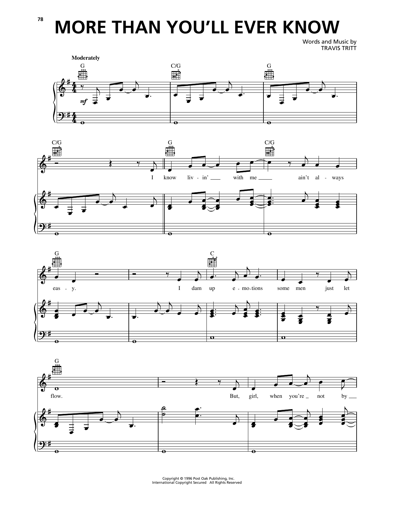 Travis Tritt More Than You'll Ever Know Sheet Music Notes & Chords for Piano, Vocal & Guitar Chords (Right-Hand Melody) - Download or Print PDF