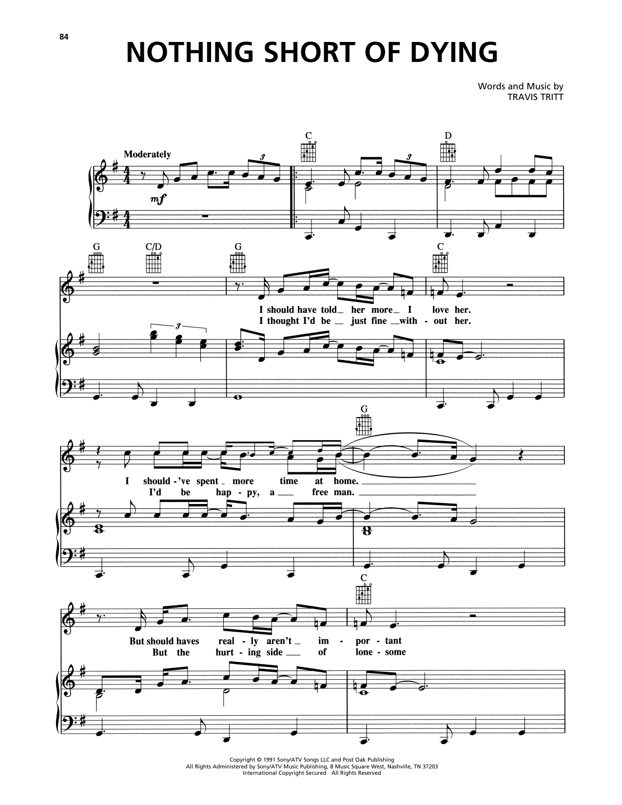 Travis Tritt Nothing Short Of Dying Sheet Music Notes & Chords for Piano, Vocal & Guitar Chords (Right-Hand Melody) - Download or Print PDF