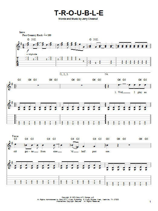 Travis Tritt T-R-O-U-B-L-E Sheet Music Notes & Chords for Guitar Tab Play-Along - Download or Print PDF