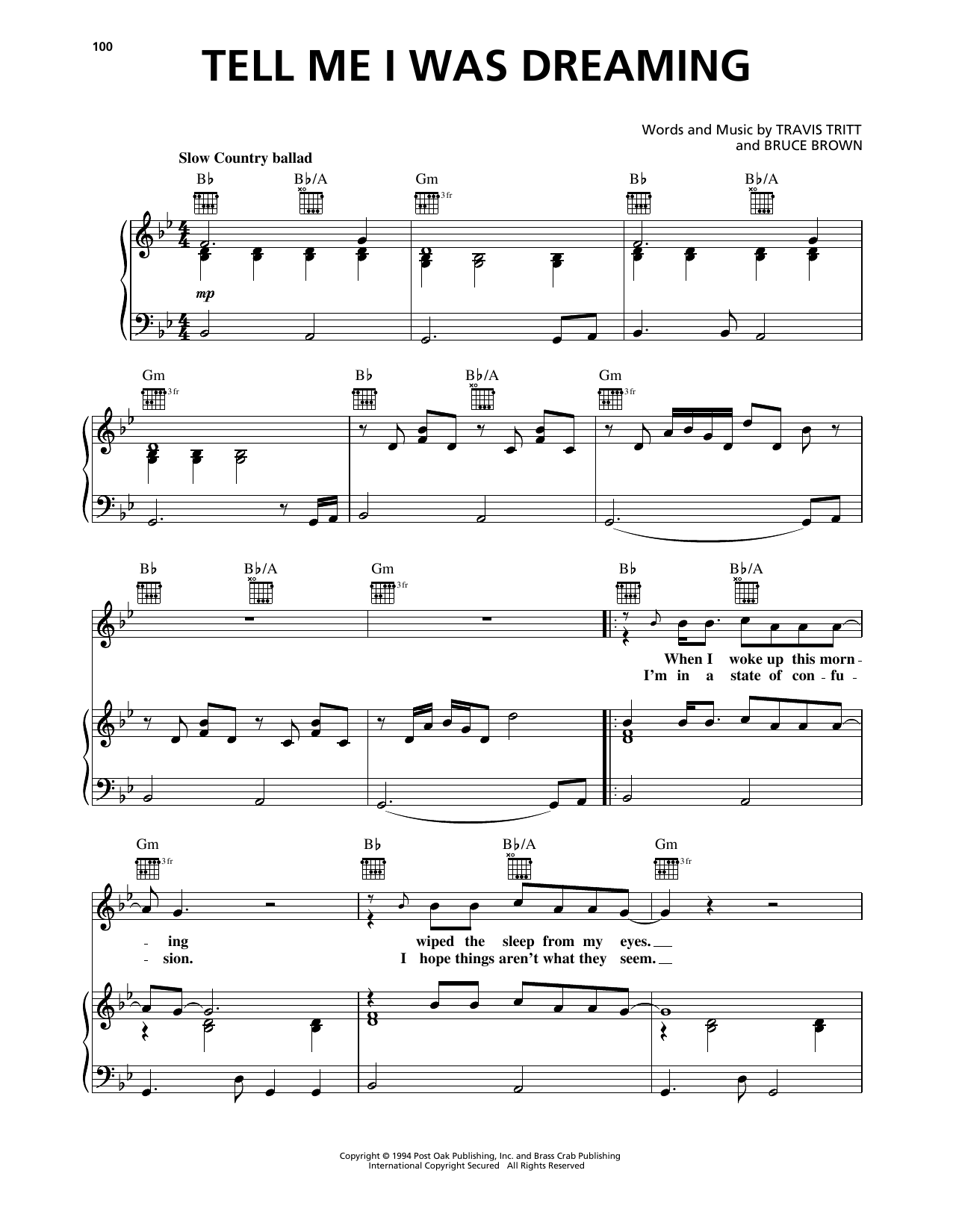 Travis Tritt Tell Me I Was Dreaming Sheet Music Notes & Chords for Piano, Vocal & Guitar Chords (Right-Hand Melody) - Download or Print PDF