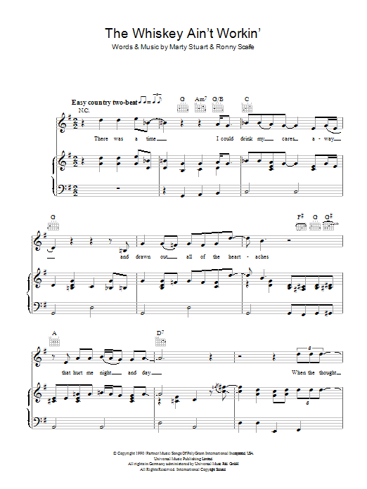 Travis Tritt The Whiskey Ain't Workin' Sheet Music Notes & Chords for Piano, Vocal & Guitar (Right-Hand Melody) - Download or Print PDF