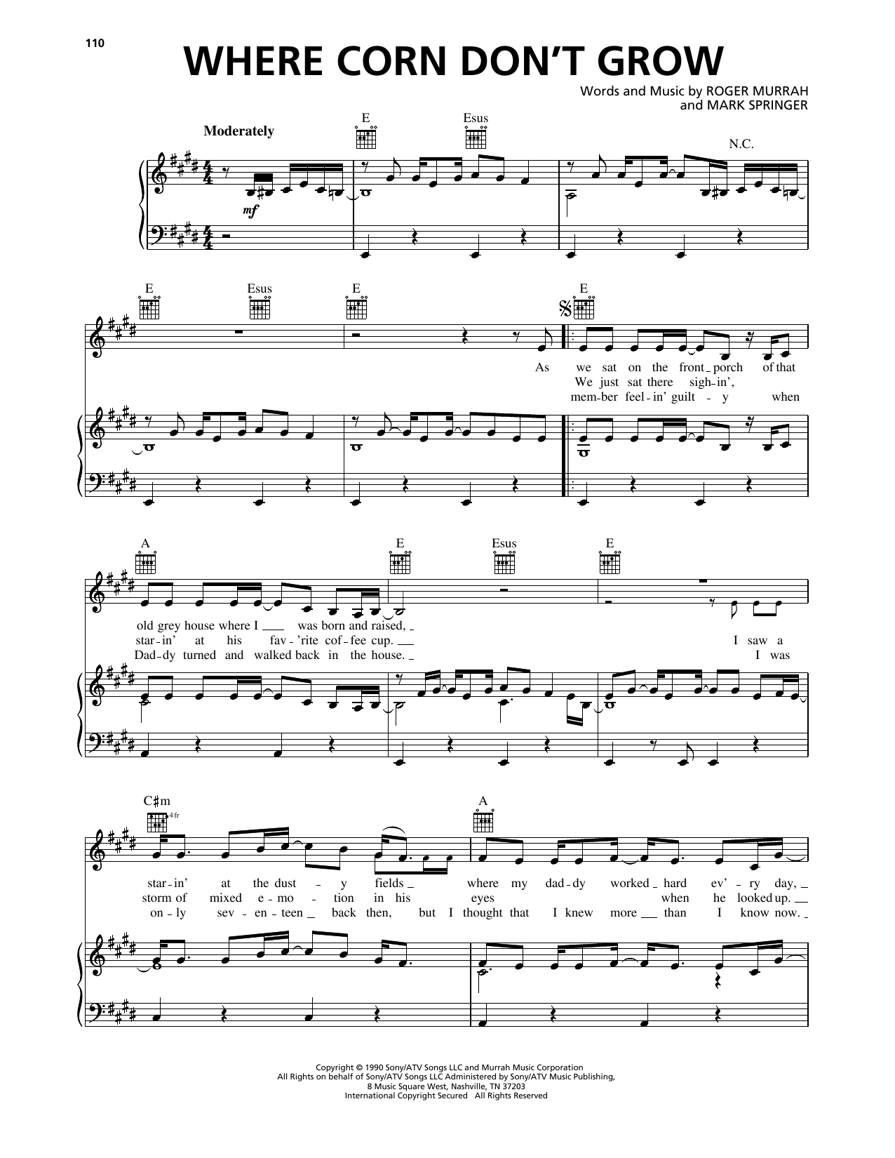 Travis Tritt Where Corn Don't Grow Sheet Music Notes & Chords for Piano, Vocal & Guitar Chords (Right-Hand Melody) - Download or Print PDF