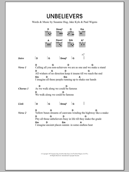 Travis Unbelievers Sheet Music Notes & Chords for Lyrics & Chords - Download or Print PDF