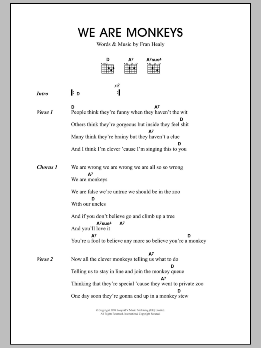 Travis We Are Monkeys Sheet Music Notes & Chords for Lyrics & Chords - Download or Print PDF