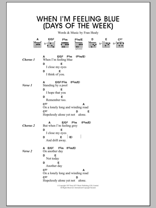 Travis When I'm Feeling Blue (Seven Days Of The Week) Sheet Music Notes & Chords for Lyrics & Chords - Download or Print PDF