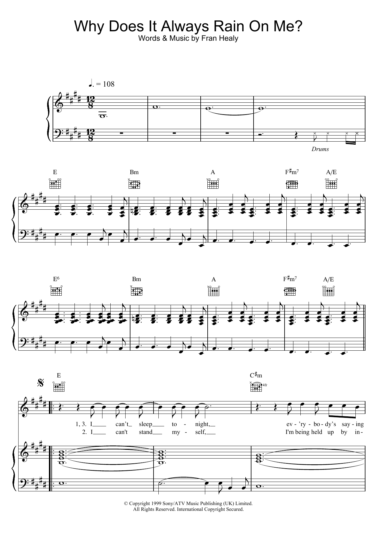 Travis Why Does It Always Rain On Me? Sheet Music Notes & Chords for Piano, Vocal & Guitar - Download or Print PDF