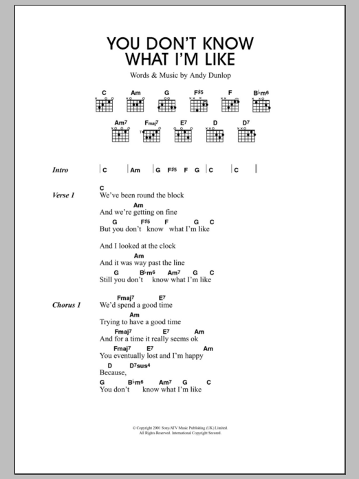 Travis You Don't Know What I'm Like Sheet Music Notes & Chords for Lyrics & Chords - Download or Print PDF