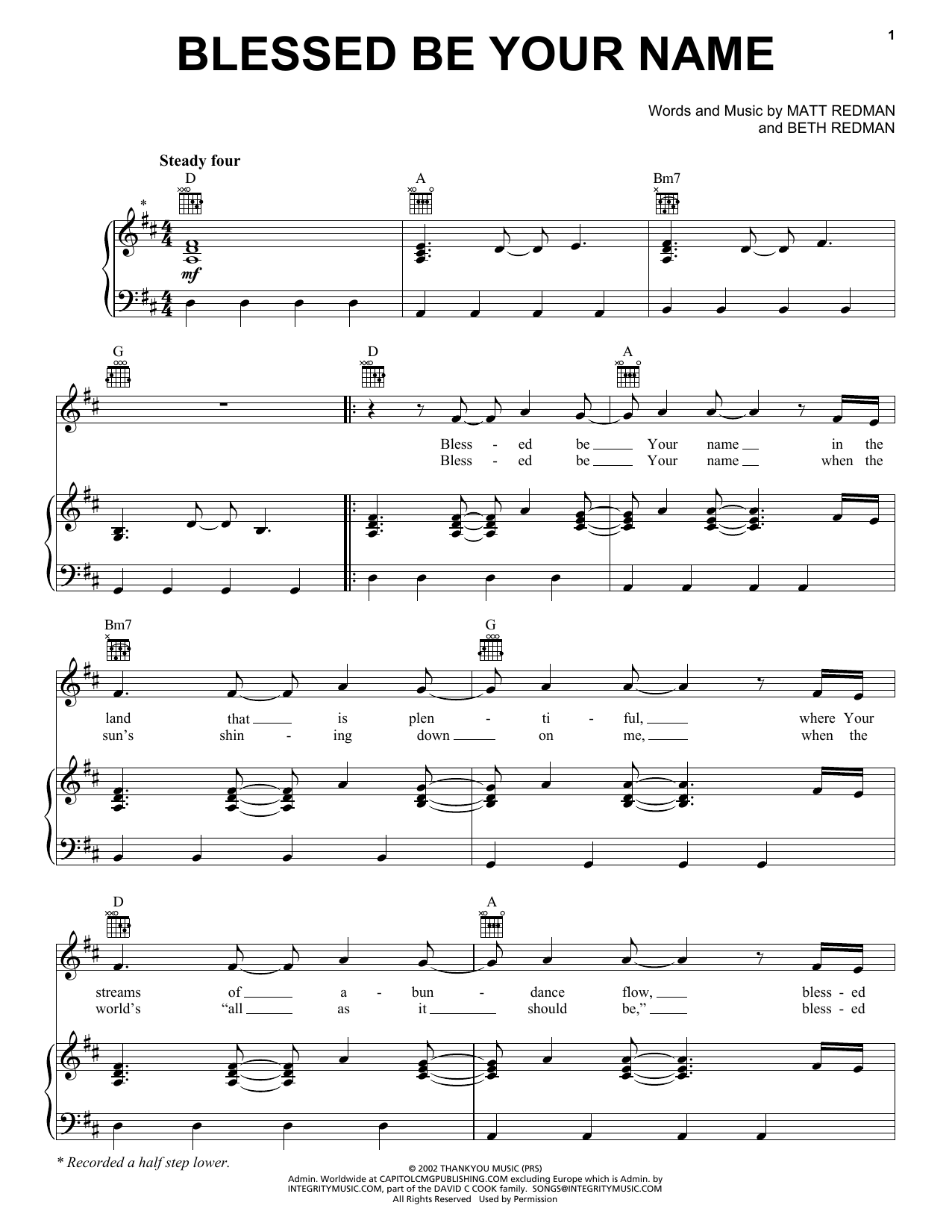 Tree63 Blessed Be Your Name Sheet Music Notes & Chords for Piano, Vocal & Guitar (Right-Hand Melody) - Download or Print PDF