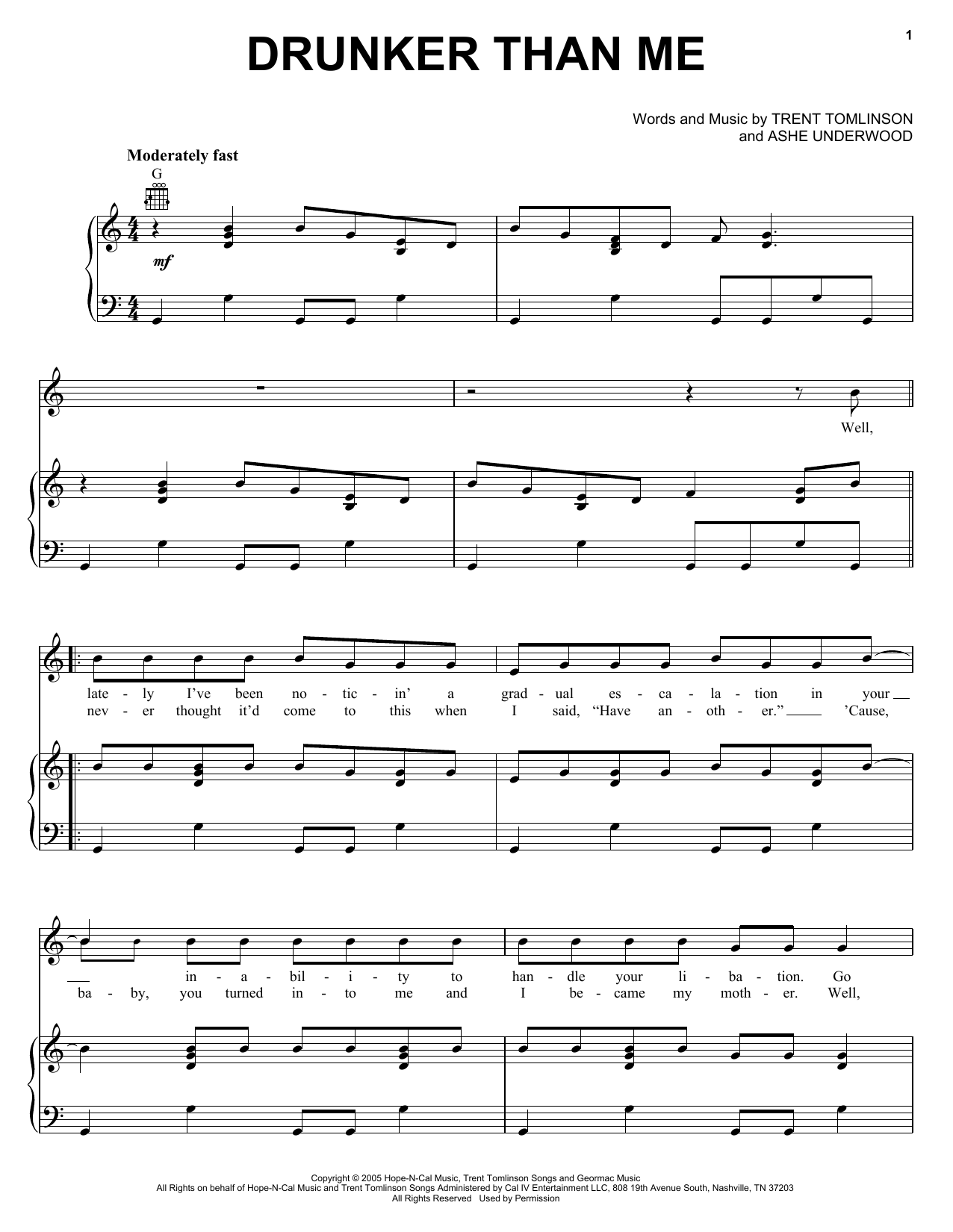 Trent Tomlinson Drunker Than Me Sheet Music Notes & Chords for Piano, Vocal & Guitar (Right-Hand Melody) - Download or Print PDF