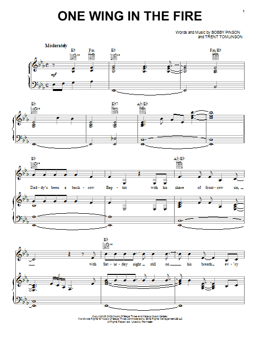Trent Tomlinson One Wing In The Fire Sheet Music Notes & Chords for Piano, Vocal & Guitar (Right-Hand Melody) - Download or Print PDF