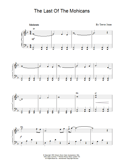 Trevor Jones The Last of the Mohicans Sheet Music Notes & Chords for Piano - Download or Print PDF