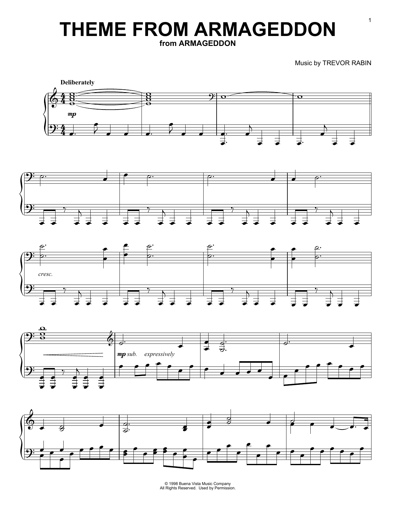 Trevor Rabin Theme From Armageddon Sheet Music Notes & Chords for Piano - Download or Print PDF