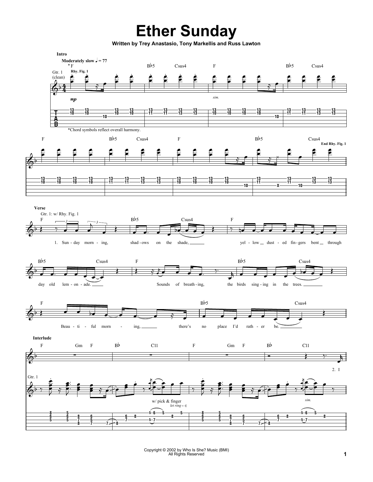 Trey Anastasio Ether Sunday Sheet Music Notes & Chords for Guitar Tab - Download or Print PDF