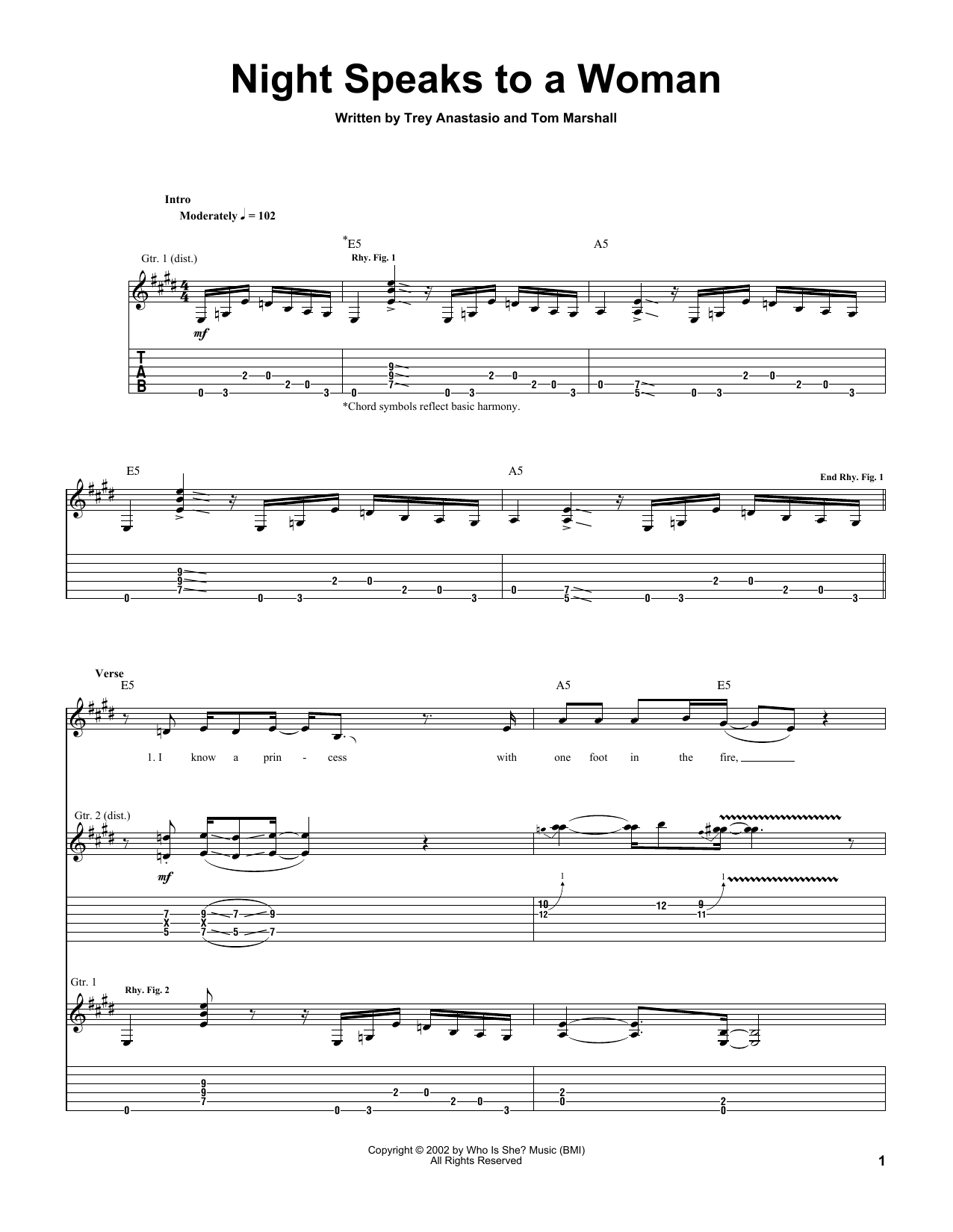 Trey Anastasio Night Speaks To A Woman Sheet Music Notes & Chords for Guitar Tab - Download or Print PDF