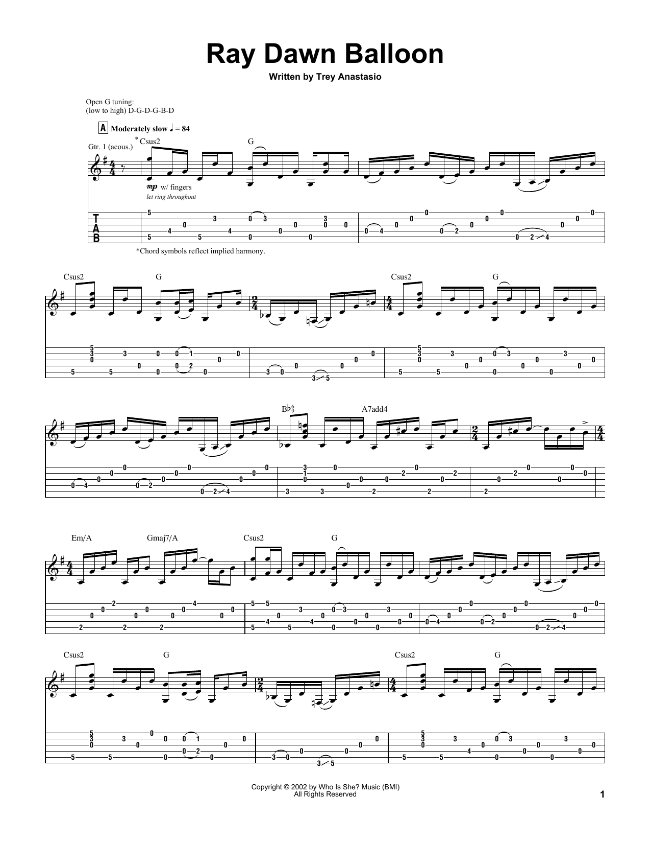 Trey Anastasio Ray Dawn Balloon Sheet Music Notes & Chords for Guitar Tab - Download or Print PDF