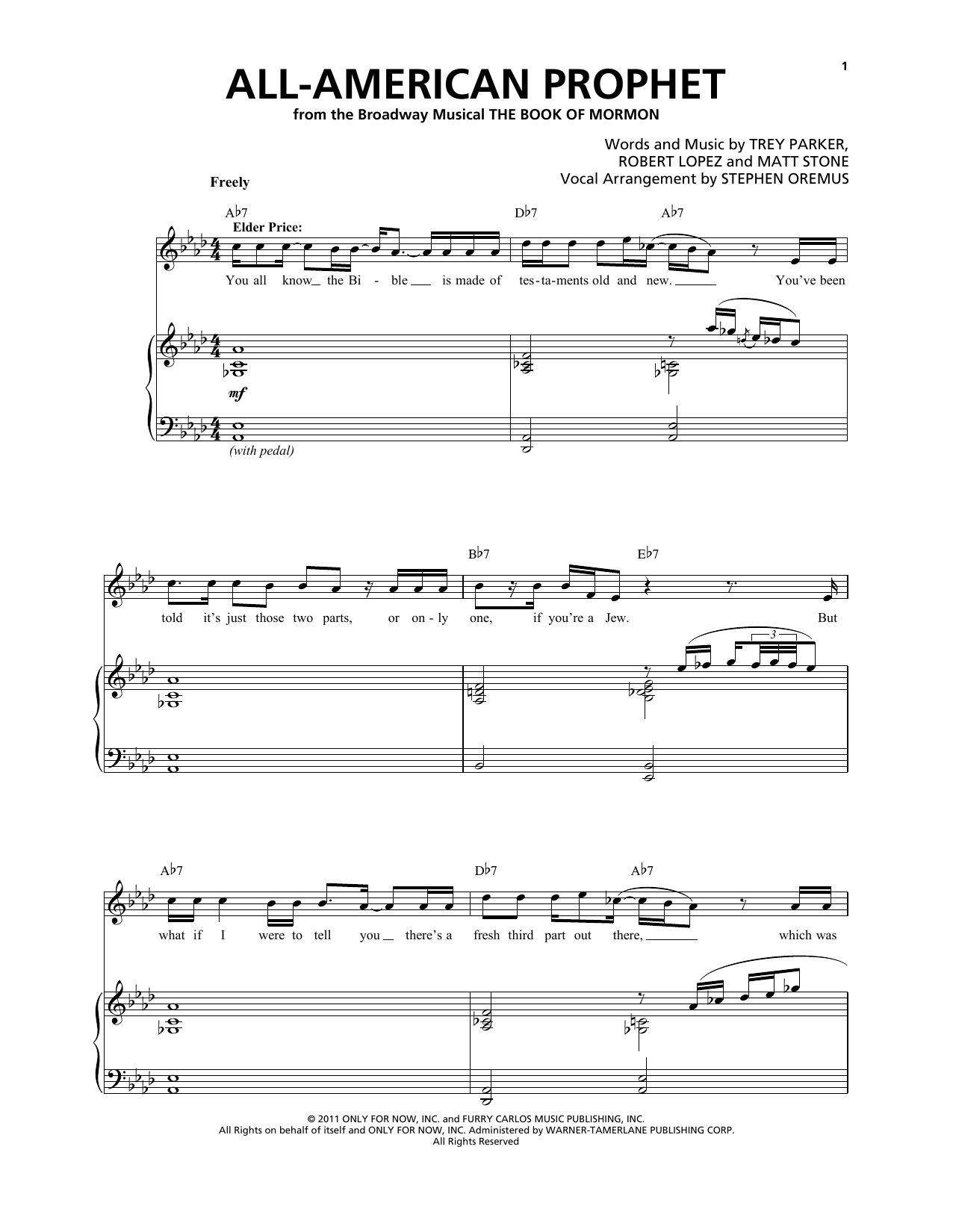 Trey Parker & Matt Stone All-American Prophet Sheet Music Notes & Chords for Piano & Vocal - Download or Print PDF