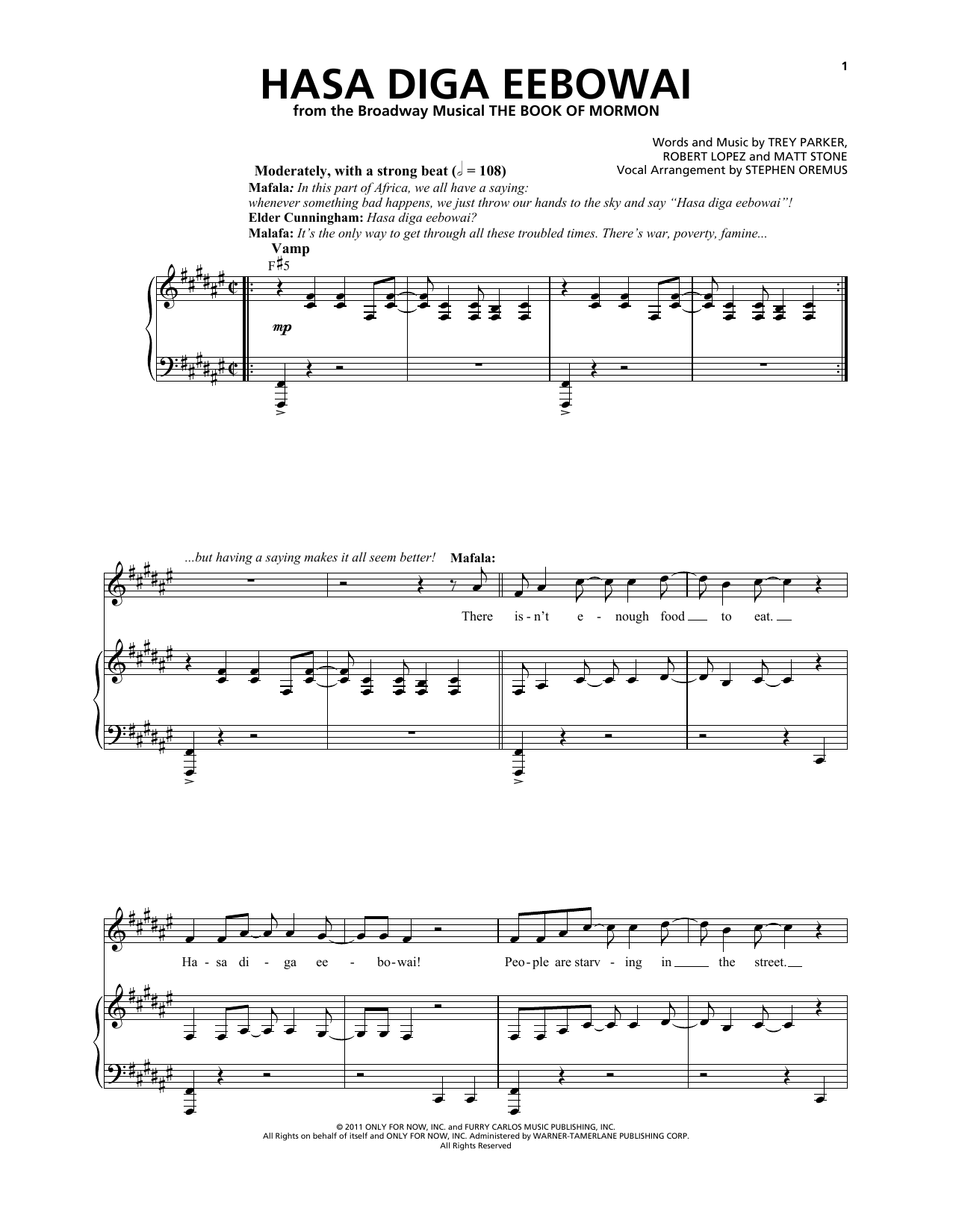 Trey Parker & Matt Stone Hasa Diga Eebowai Sheet Music Notes & Chords for Piano & Vocal - Download or Print PDF