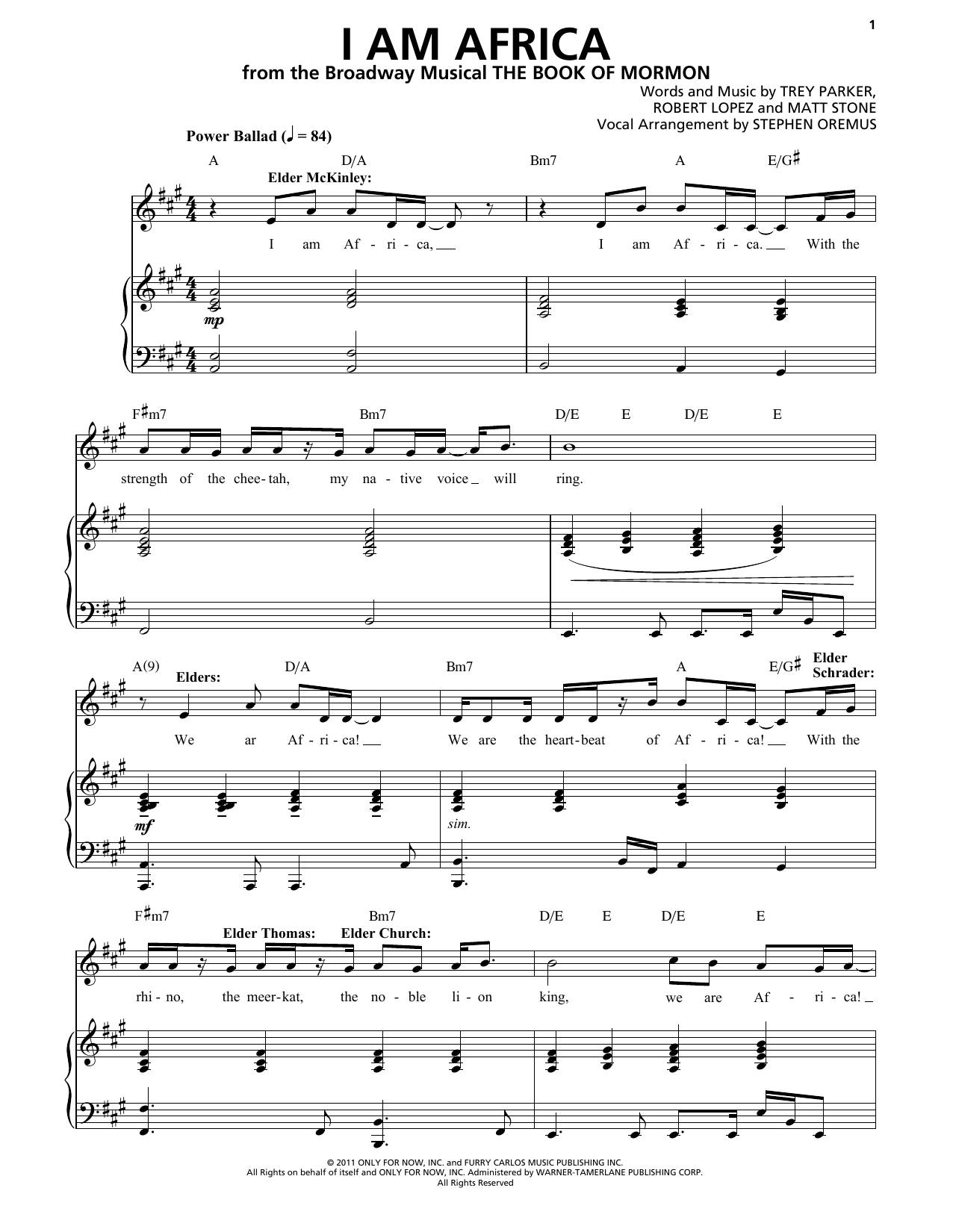Trey Parker & Matt Stone I Am Africa Sheet Music Notes & Chords for Piano & Vocal - Download or Print PDF