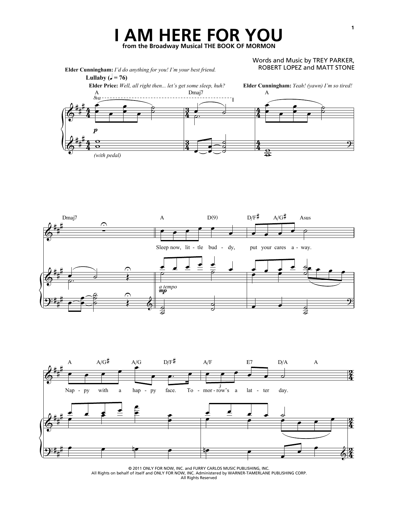Trey Parker & Matt Stone I Am Here For You Sheet Music Notes & Chords for Piano & Vocal - Download or Print PDF
