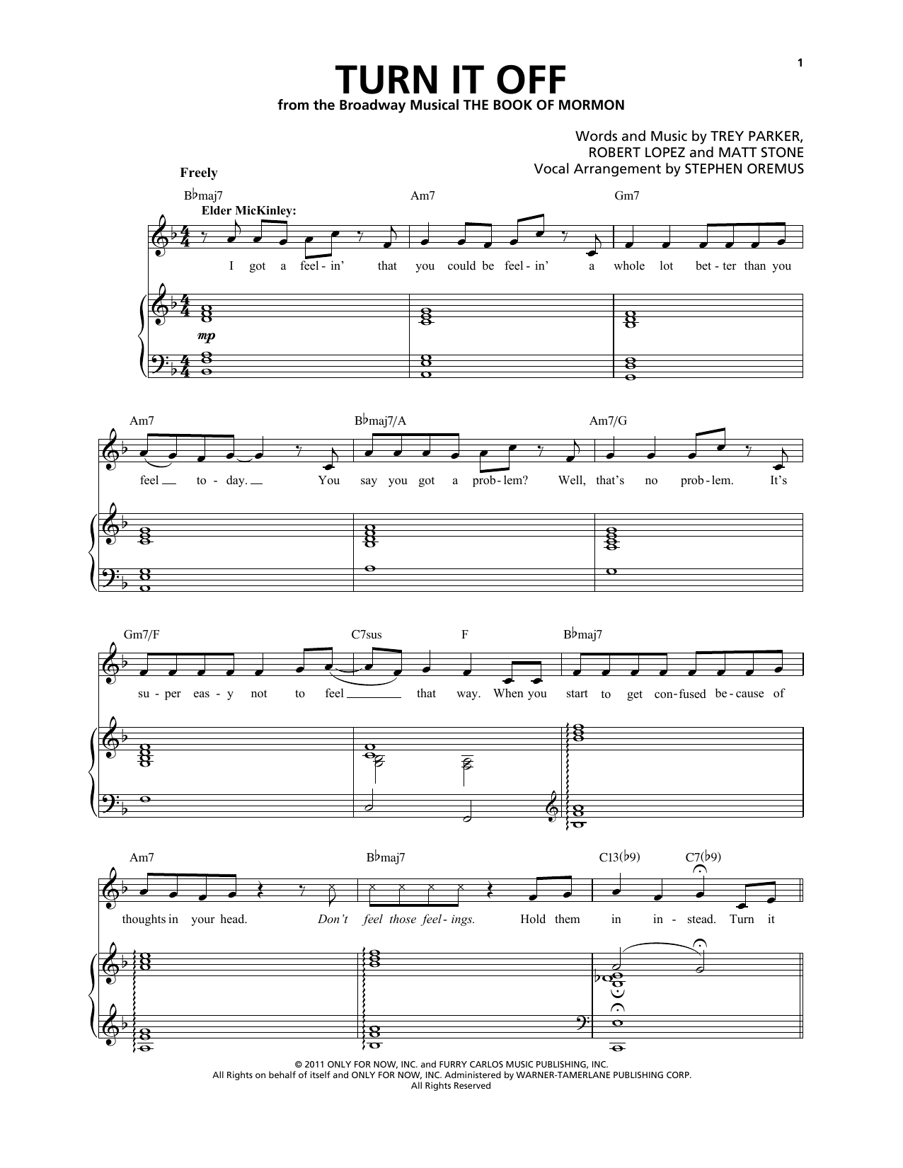 Trey Parker & Matt Stone Turn It Off Sheet Music Notes & Chords for Piano & Vocal - Download or Print PDF