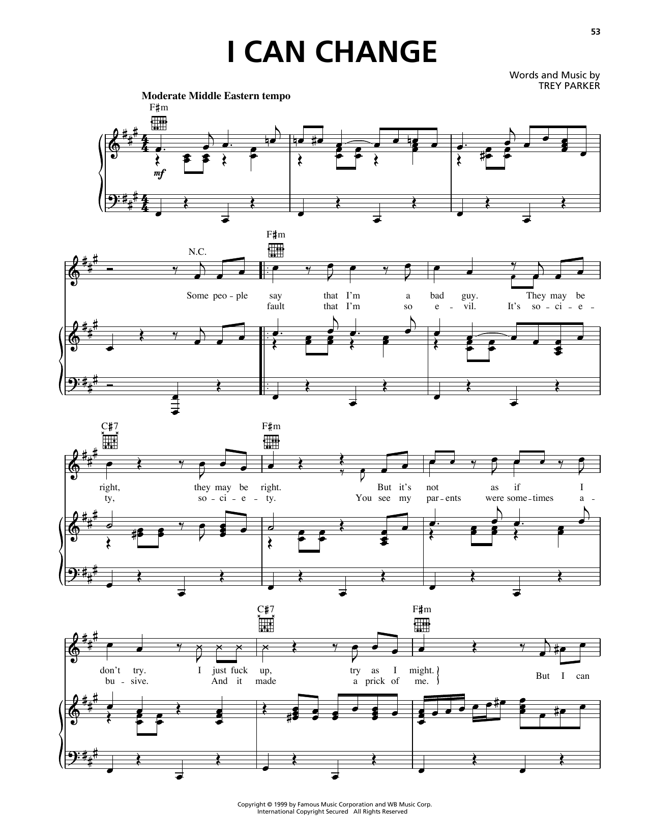 Trey Parker I Can Change (from South Park) Sheet Music Notes & Chords for Piano, Vocal & Guitar Chords (Right-Hand Melody) - Download or Print PDF