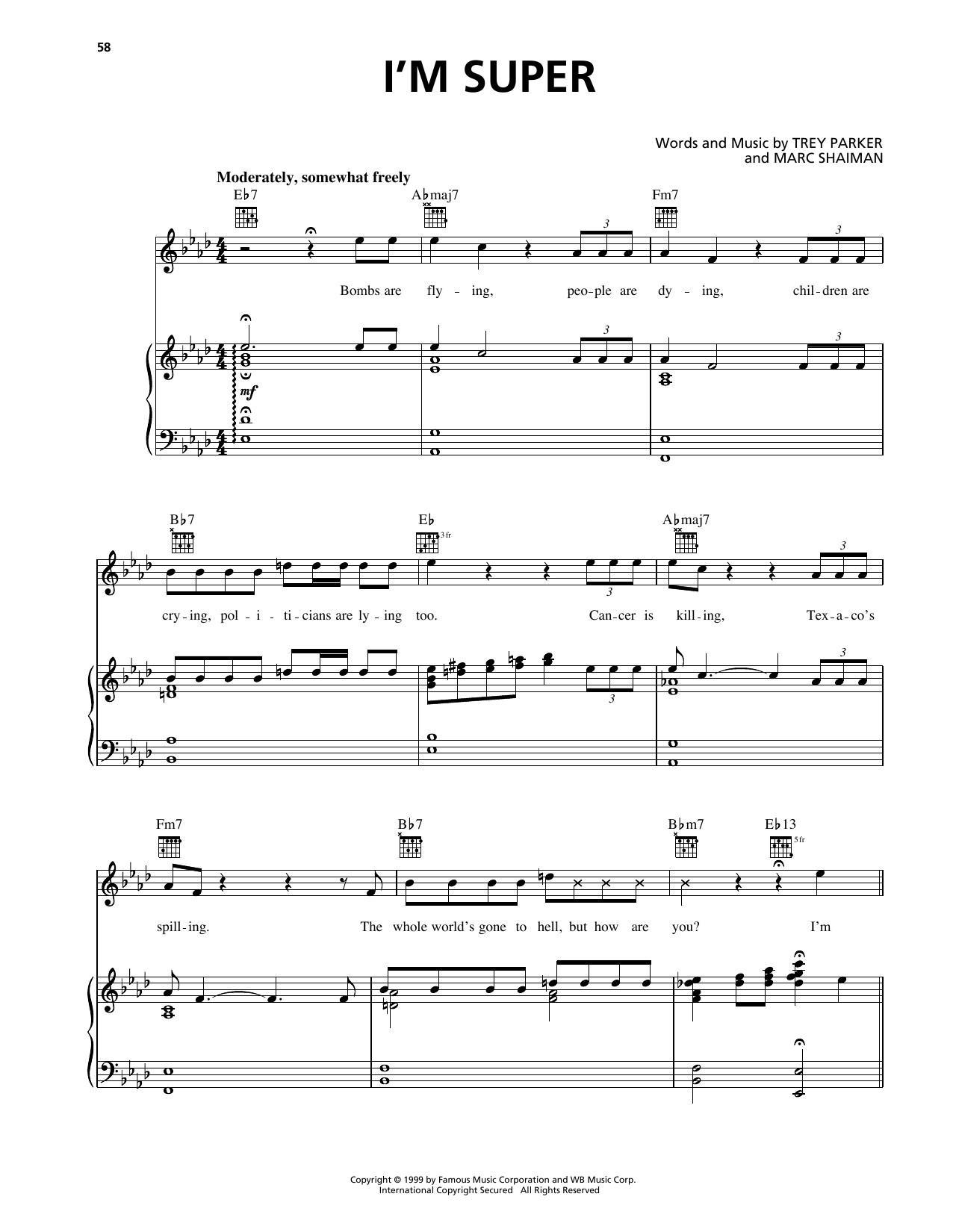 Trey Parker I'm Super (from South Park) Sheet Music Notes & Chords for Piano, Vocal & Guitar Chords (Right-Hand Melody) - Download or Print PDF