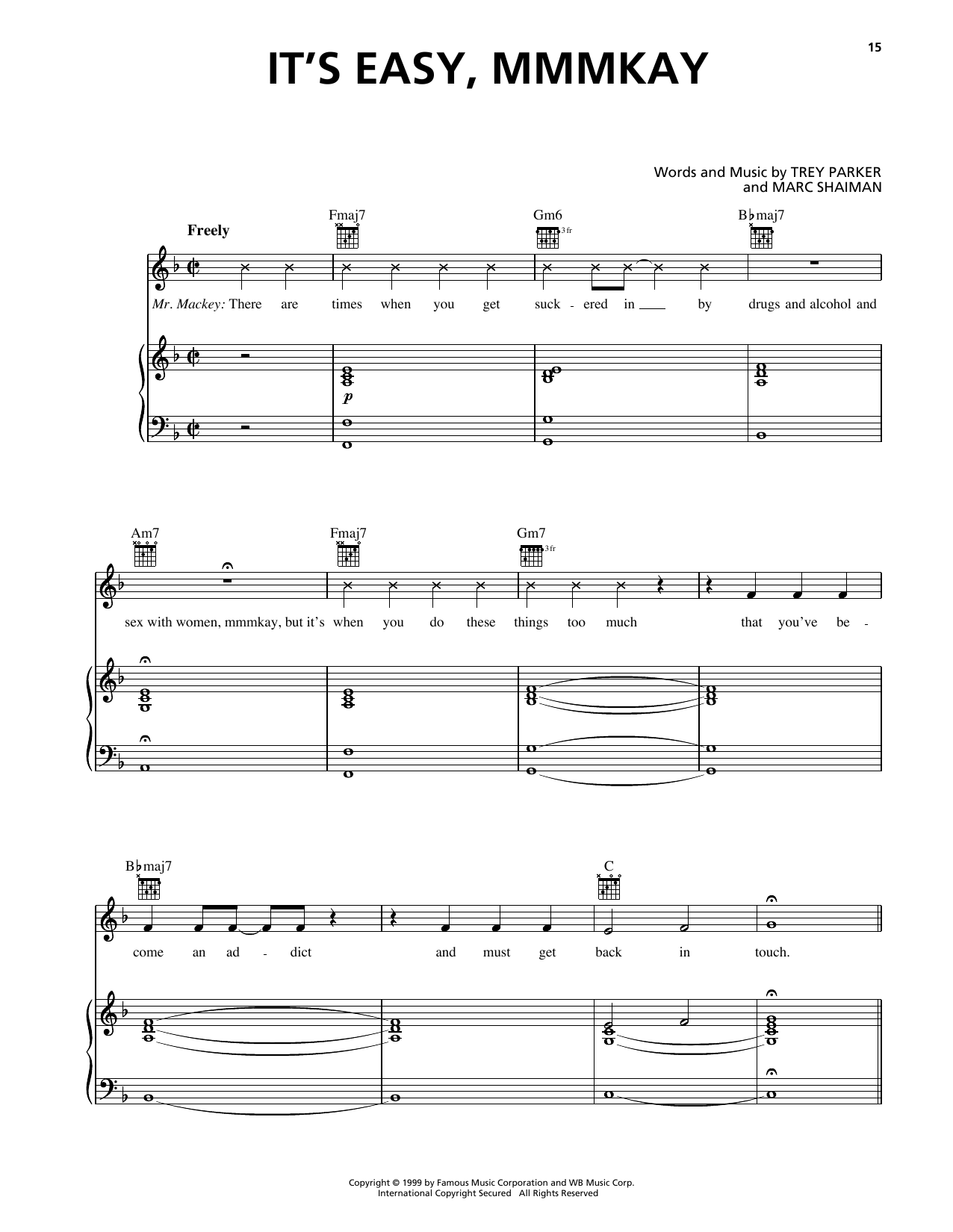 Trey Parker It's Easy, Mmmkay (from South Park) Sheet Music Notes & Chords for Piano, Vocal & Guitar Chords (Right-Hand Melody) - Download or Print PDF