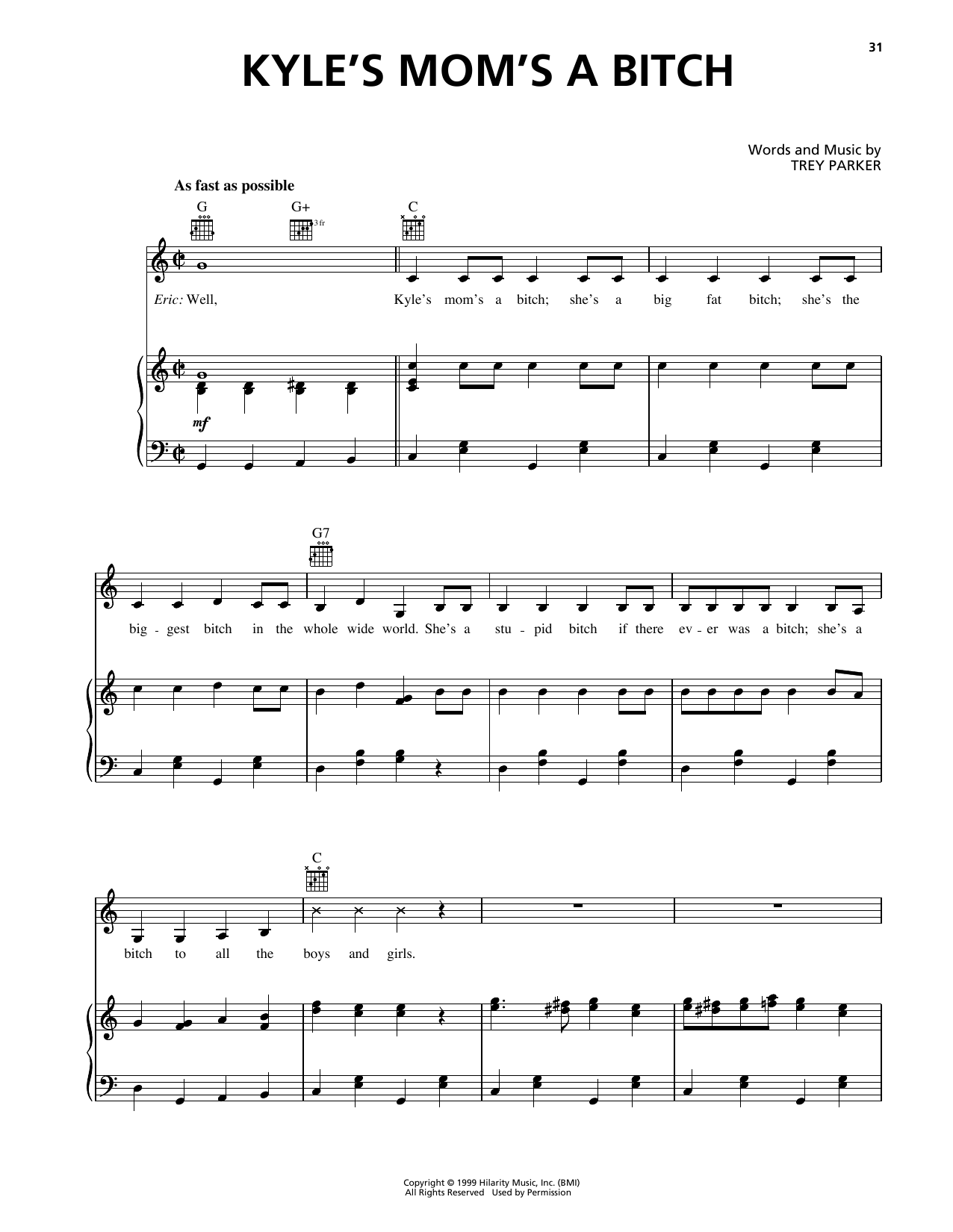 Trey Parker Kyle's Mom's A Bitch (from South Park) Sheet Music Notes & Chords for Piano, Vocal & Guitar Chords (Right-Hand Melody) - Download or Print PDF