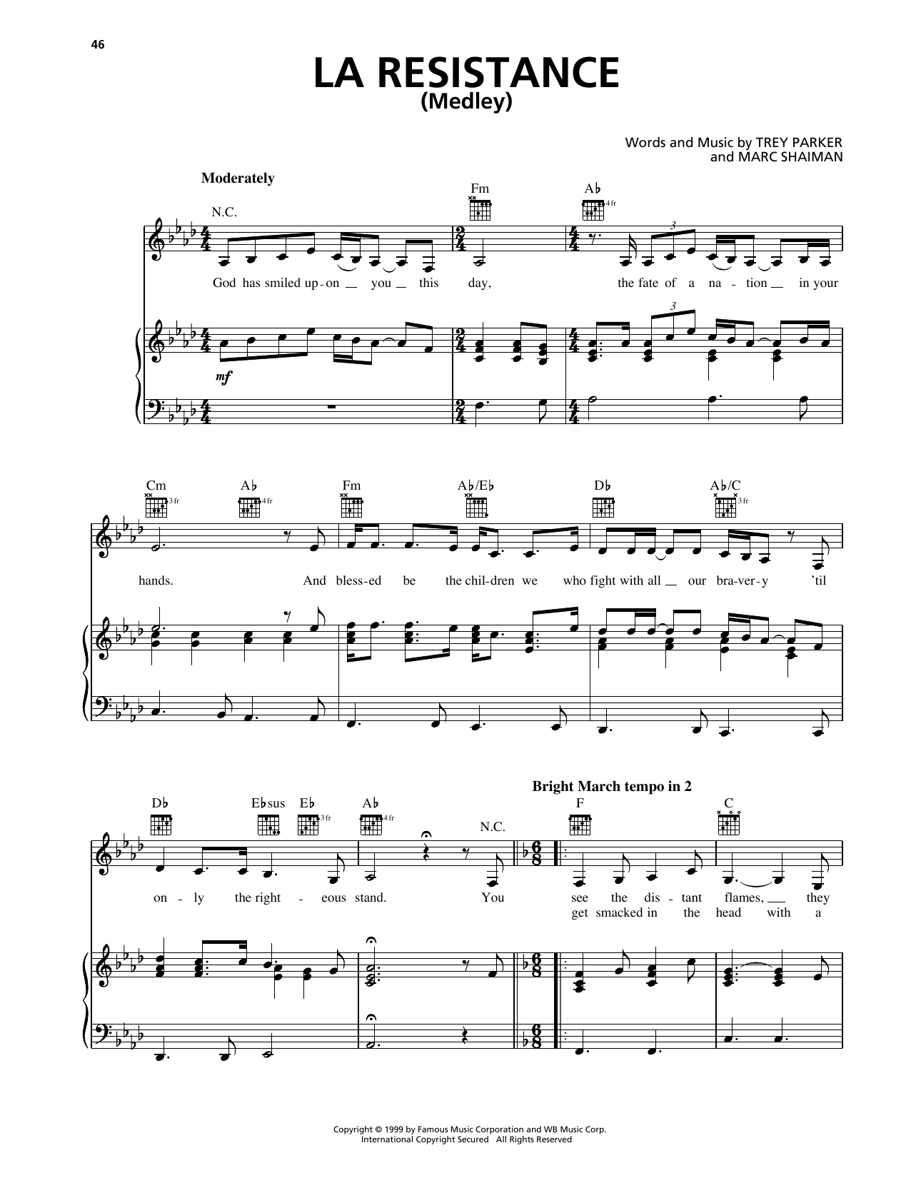 Trey Parker La Resistance (Medley) (from South Park) Sheet Music Notes & Chords for Piano, Vocal & Guitar Chords (Right-Hand Melody) - Download or Print PDF