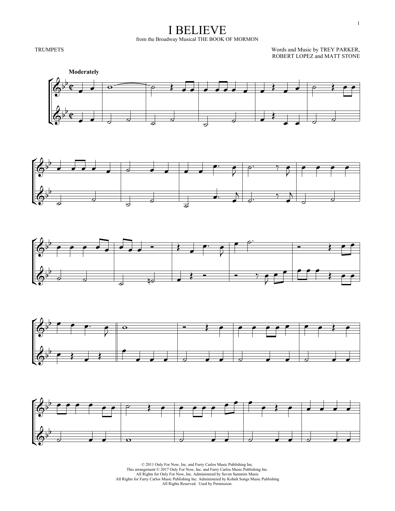 Trey Parker, Matt Stone & Robert Lopez I Believe Sheet Music Notes & Chords for Trumpet Duet - Download or Print PDF