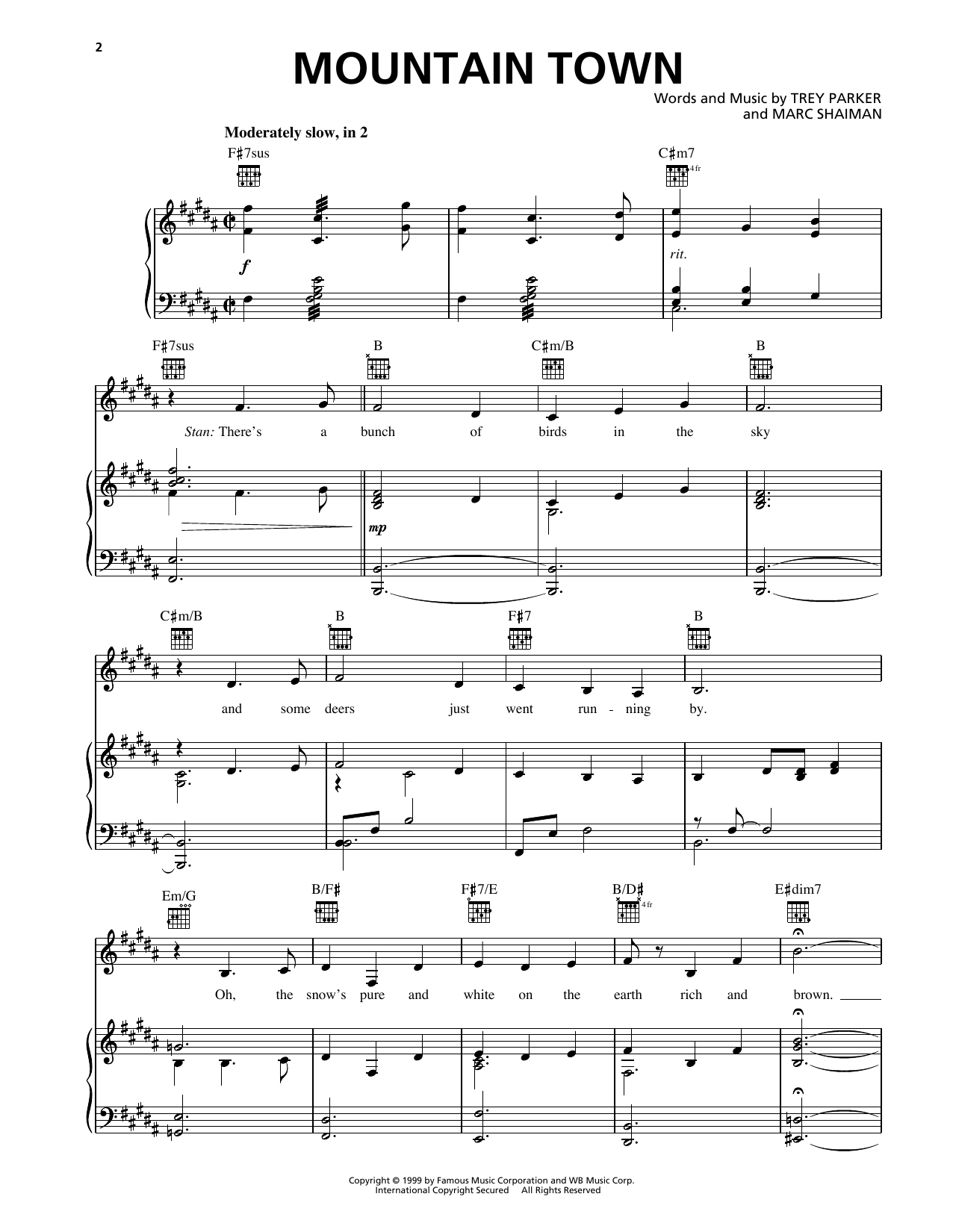 Trey Parker Mountain Town (from South Park) Sheet Music Notes & Chords for Piano, Vocal & Guitar Chords (Right-Hand Melody) - Download or Print PDF