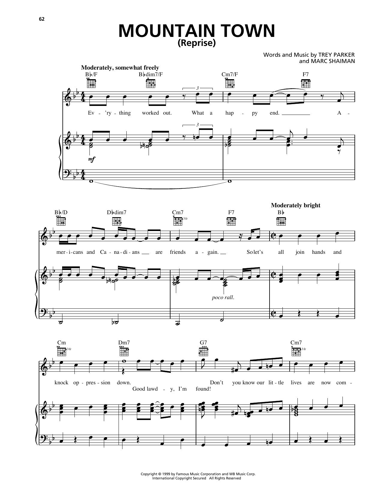 Trey Parker Mountain Town (Reprise) (from South Park) Sheet Music Notes & Chords for Piano, Vocal & Guitar Chords (Right-Hand Melody) - Download or Print PDF